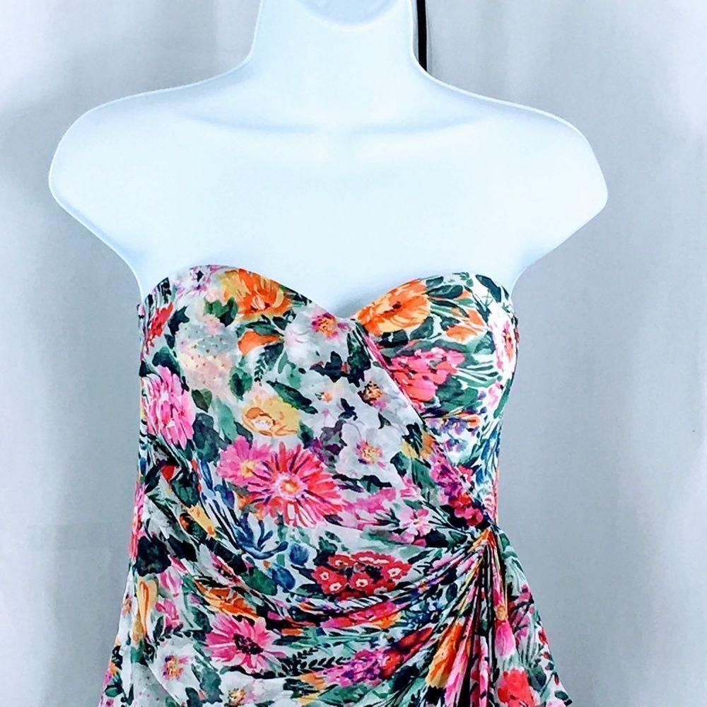 Yumi Kim Silk Dress Strapless Katie Floral Sheath Rouched Mini Dress Sz S - Picture 4 of 14